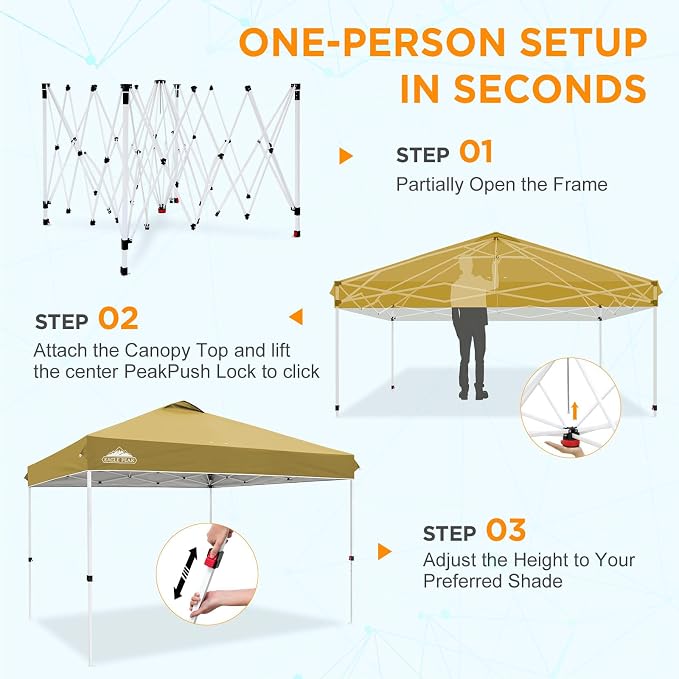 EAGLE PEAK Pop Up Canopy Tent with Wheeled Carry Bag, 8 Stakes, 4 Ropes, 4 Weight Bags, Easy Set Up Tent Canopy, 12x12 ft, 144sqft of Shade, Beige