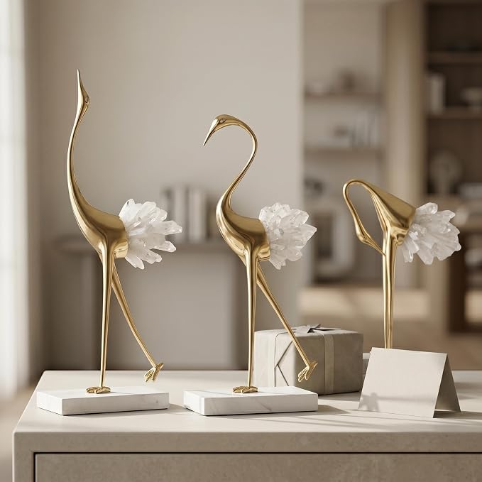 suruim Elegant Gold Crane Bird Statues with Crystal Tail Accents, Decorative Brass Figurines for Home Decor (White A)