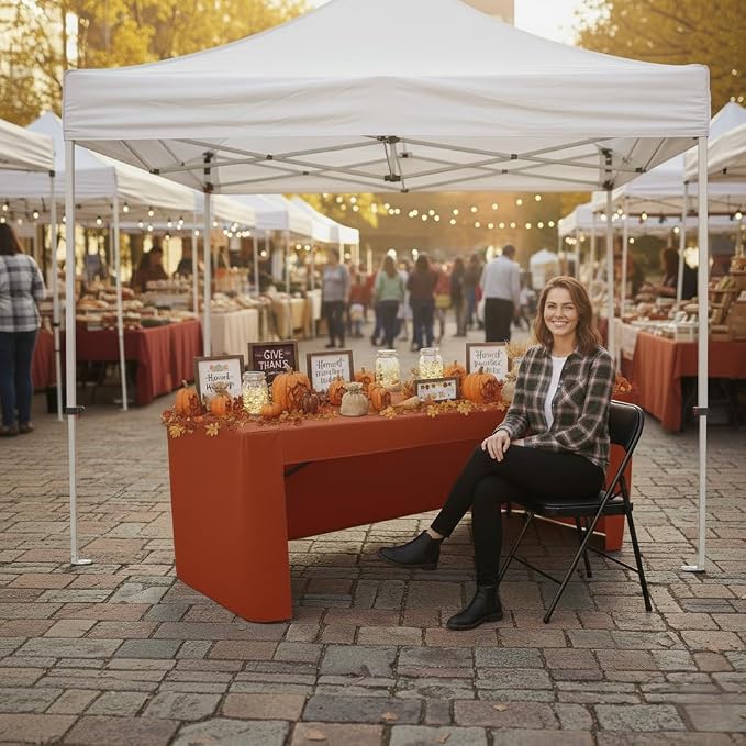 HolidayIdeas 4-Pack 8ft Rust 3-Sided Fitted Tablecloth for Fall | open back table cover; autumn wedding desk covers; reusable overlays for banquet events or outdoor craft shows