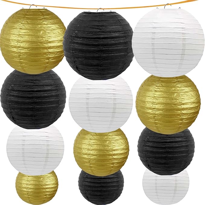 Black-Gold and White Paper Lanterns 12Pcs Hanging Lanterns for Birthday Party, Wedding, Home Decor, Baby Shower Festive Decoration