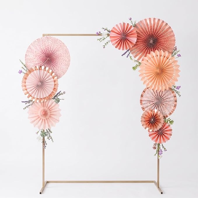 PapaKit 8-Piece Origami Paper Fan Set - Lustrous Pink Coral & Metallic Rose Gold | Reusable Hanging Pinwheel Wall Backdrop for Girls Birthday, Boho Baby Shower, Wedding & Bridal Party Decorations