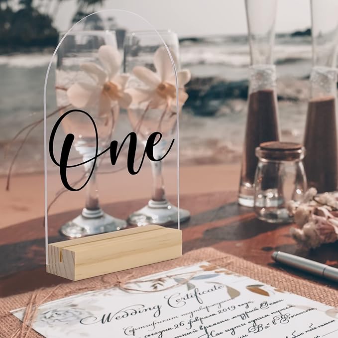 Clear Arch Acrylic Sign with Wood Stand-10 Pack 5x7 Inch Blank Arched Acrylic Sheets with 4 Inch Wood Base, DIY Clear Arch Sign Blank for Wedding Table Numbers