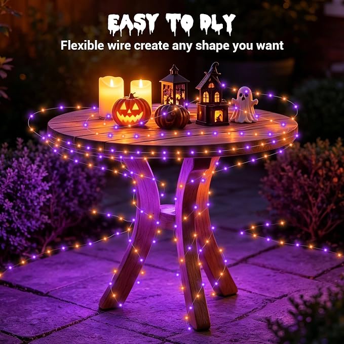 YEGUO Fairy Lights Battery Operated, 4 Packs Each 16ft 50 LED String Lights, 2 Modes Silver Wire Christmas Twinkle Light Indoor for Halloween Bedroom Wedding Party Holiday Gift(Orange and Purple)