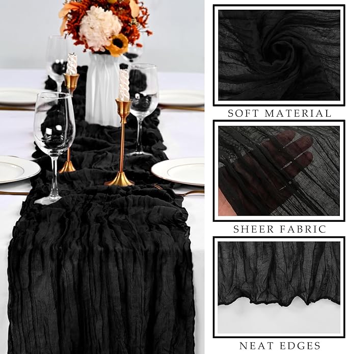 Black 12 Pcs Cheesecloth Table Runner 10FT Gauze Fabric Boho Cheese Cloth Table Runner Decoration Rustic Semi Sheer Runner for Wedding Birthday Baby Bridal Shower Party Table (35 x 120 Inches Long)