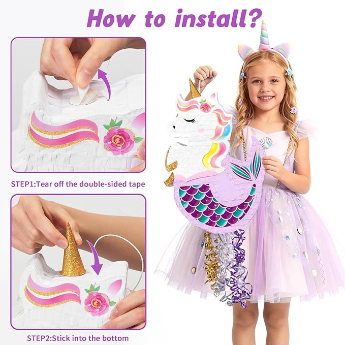 WERNNSAI Unicorn Mermaid Piñata - Unicorn or Mermaid Party Supplies Piñata Bundle with Blindfold, Bat for Girls Kids Rainbow Unicorn Mermaid Theme Birthday Game Decorations (16.5" x 12.4" x 2.9")