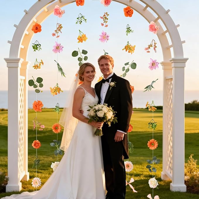 Livole 6Pcs 36Ft Hanging Flower Garland with Bow Orange Wildflower Garlands Backdrop Silk Rose Fake Floral Vines with Hooks for Spring Party Wedding Birthday Anniversary Arch Wall Garden Decor