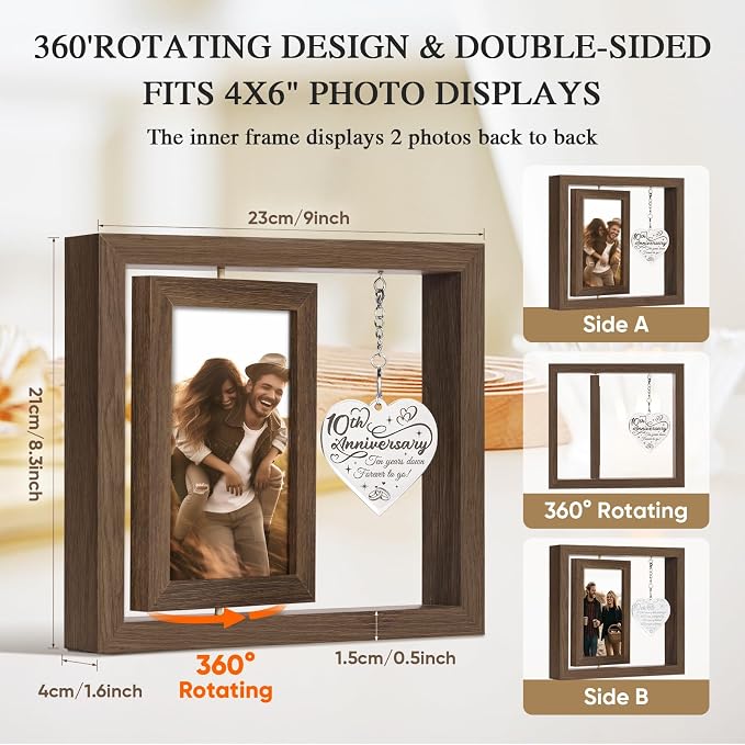 10 Year Anniversary Picture Frame Gifts for Him Her Couple Men Women Husband Wife, 10th Anniversary Wedding Gifts, Anniversary Wood Tin Gift, Traditional Ten Year tenth Anniversary Personalized Gift