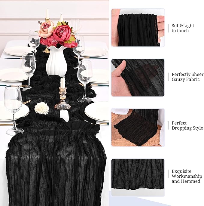 24 Pack Black Cheesecloth Table Runners,10FT Boho Gauze Table Runner,35x120inch Rustic Table Runner for Wedding Party Bridal Shower Thanksgiving Christmas Boho Table Decoration