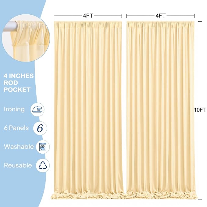 6 Panels Champagne Backdrop Curtains - Wrinkle Free Fabric Backdrop Curtain for Photoshoot, 10FT Wedding Party Photo Backdrop Drapes for Birthday Baby Shower Photography Stage Background Decorations