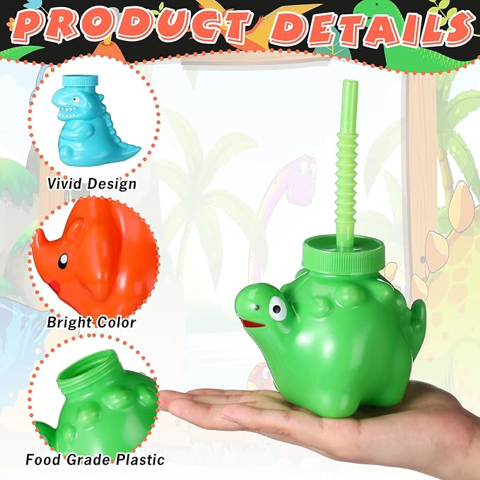 Maxcheck 12 Pieces Dinosaur Cups with Straws and Lids 10oz Dinosaur Party Favor Cups Bulk Plastic Dino Theme Party Supplies Reusable for Dino Birthday Decorations Safari Jungle