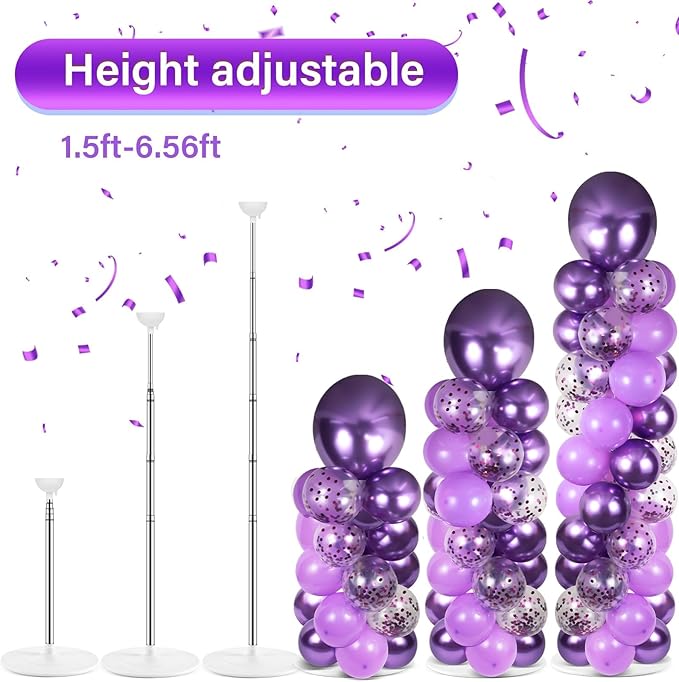 2 Sets Purple Balloon Column Stand Kit with 100 Balloons Lavender Adjustable Balloon Tower Stand with Bases for Floor Purple Confetti Balloon Column Kit for Christmas Birthday Holiday New Year