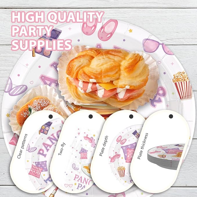 96Pcs Pancakes and Pajamas Party Supplies Pajama Brunch Plates and Napkins Girls Pink Night Sleepover Tableware Set for Girls Night Pancake Themed Slumber Party Decorations Serves 24