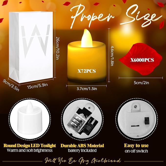 Aurelema 6093 Pcs Will You Be My Girlfriend Light up Letters with LED Flameless Tealight Candle Red Rose Petal Letter Luminary Paper Bag for Valentine's Day Decoration Romantic Special Night Decor