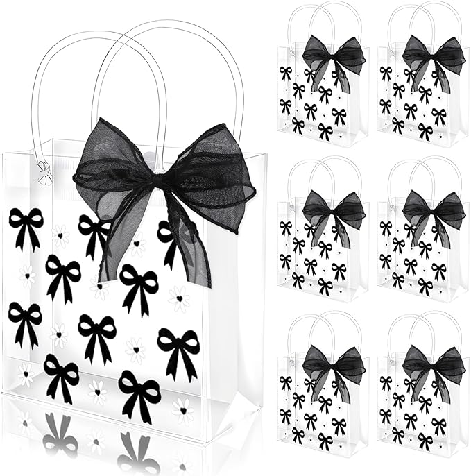 Whaline 12 Pcs Bow Coquette Clear PVC Gift Bags Black Bowknot Daisy Flower Party Favor Bags with Handle Treat Tote Bag with Ribbon for Wedding Birthday Bachelorette