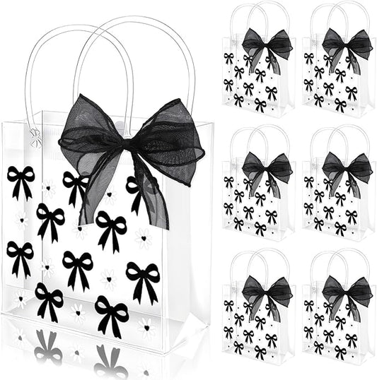 Whaline 12 Pcs Bow Coquette Clear PVC Gift Bags Black Bowknot Daisy Flower Party Favor Bags with Handle Treat Tote Bag with Ribbon for Wedding Birthday Bachelorette
