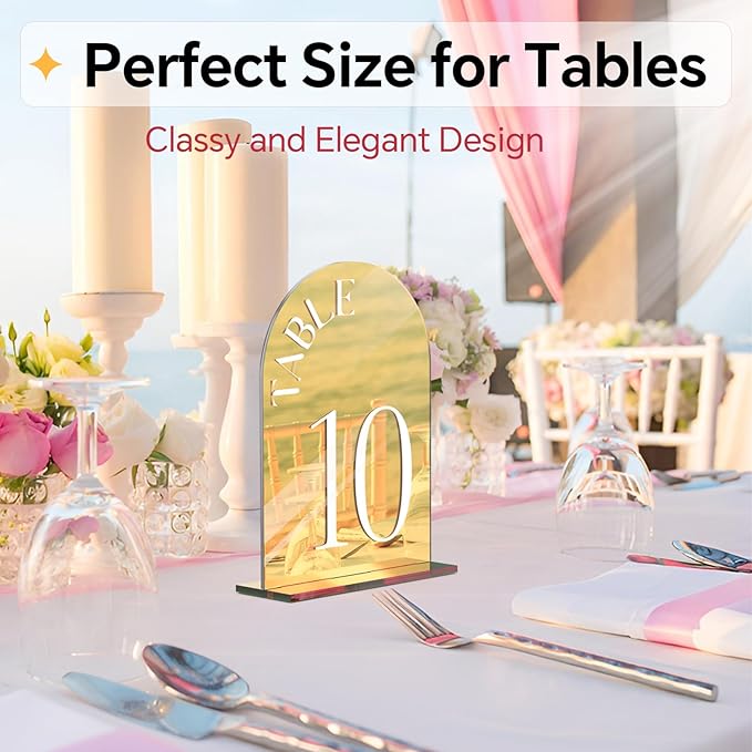 Mirror Arched Wedding Table Numbers 1-30 with Stands, 5"x7" Double-sided Letter, Acrylic Wedding Signs Centerpiece Decoration for Wedding Reception Party (Gold, Table Numbers 1-30)