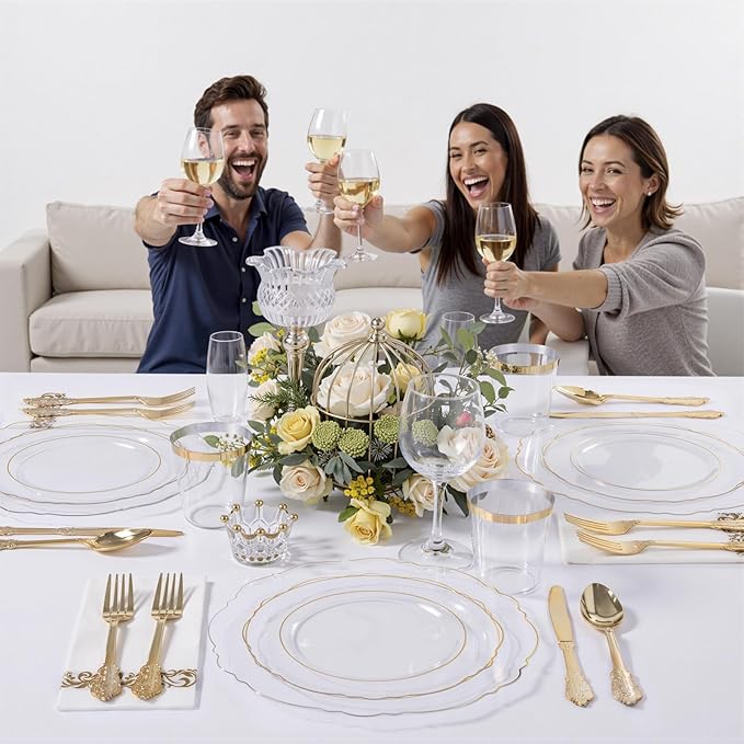 KIRE 210Pcs Clear and Gold Plastic Plates - Heavy Duty Clear Plates with Gold Rim - Disposable Dinnerware Sets of 60 Plastic Plate 90 Silverware 30 Cups 30 Napkins for Wedding/Mother's Day