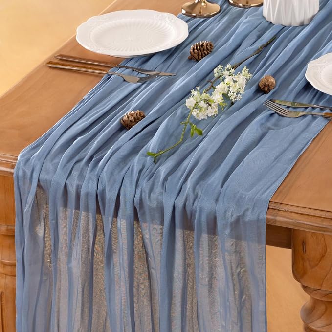 LINXTAR Dusty Blue Cheesecloth Table Runner 10 Pack 120 Inches 10Ft Gauze Summer Boho Table Runner for Wedding Tea Party Baby Shower Bridal Birthday Home Decoration