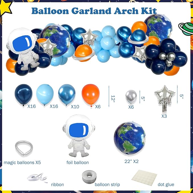 Hombae Space Birthday Party Decorations, Outer Space Galaxy Birthday Decorations Backdrop Balloon Garland Hanging Swirl Banner Tablecloth Cake Topper Solar System Planet Astronaut Rocket Blue