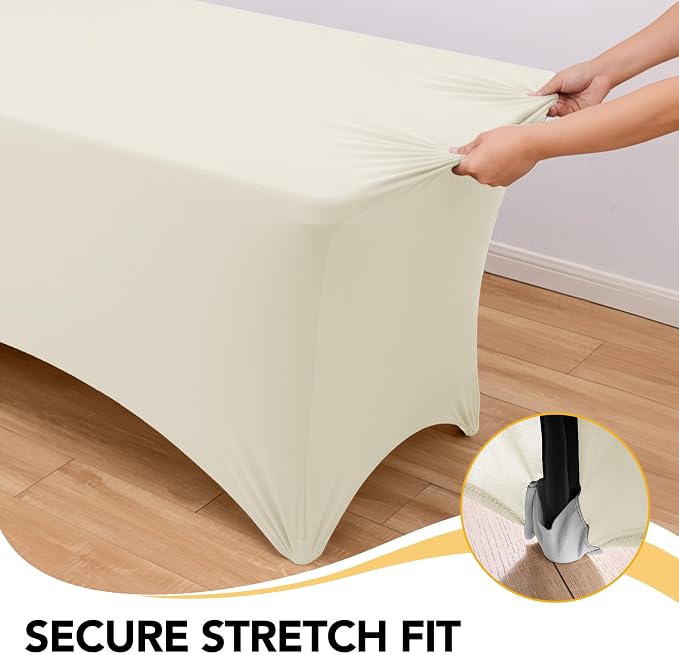 6-Pack Premium Cream Spandex Tablecloths for 6ft Rectangle Tables, Stain & Wrinkle-Resistant, Washable Stretch Polyester Fitted Table Cover for Weddings, Banquets, Trade Shows Events