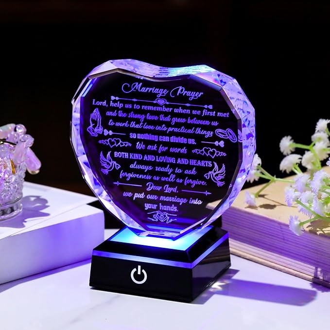Arikyrist Crystal Wedding Gifts for Couples 2026 Heart-shaped Marriage Prayer Plaque with LED Base Anniversary Wedding Gifts for Newlyweds Valentine's Day Wedding Engagement Presents