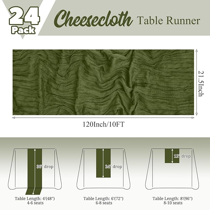 24 Pack Olive Green Table Runner 10Ft Cheesecloth Table Runner Rustic Gauze Table Runner Romantic Long Sheer Fabric Cheese Cloth Table Runner for Wedding Party Bridal Baby Shower