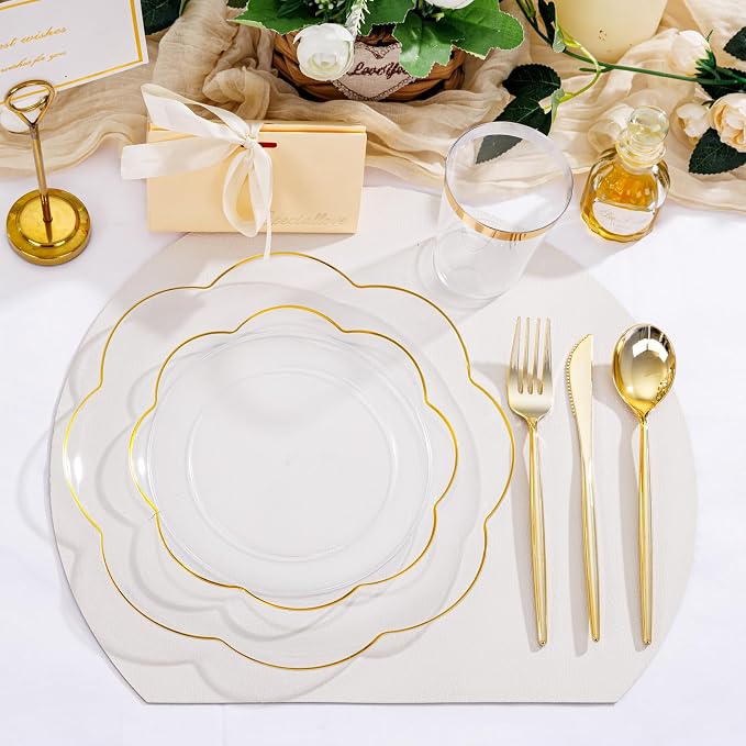 ejonirinjonir EI 180pcs Clear and Gold Plastic Plates with Plastic Silverware,Dinnerware Plate Set for Party,Disposable Plates Heavy Duty Clear Gold Cups for Wedding,Birthday,Spring Afternoon Tea