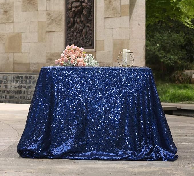 Juya Delight Navy Blue 90'' x 132'' Sequin Tablecloth Rectangle Sparkle Table Cover for Party Birthday Wedding Decoration