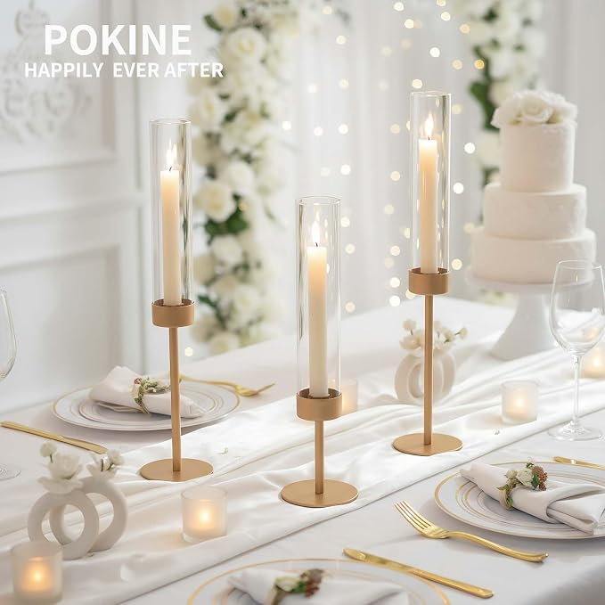POKINE Tall Candle Holders Set of 3, Hurricane Glass Taper Candlestick Holders for Wedding, Christmas Decor, Dining Table, Party Centerpieces