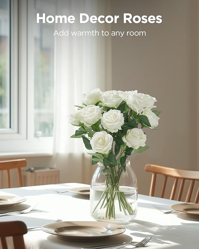 InnoGear 50 Pcs White Roses Artificial Flowers, Fake Velvet Silk Rose Bulk Faux Flower for Mother's Gift Decoration DIY Wedding Centerpieces Proposal Bridal Bouquets Party Floral Decor (50, White)