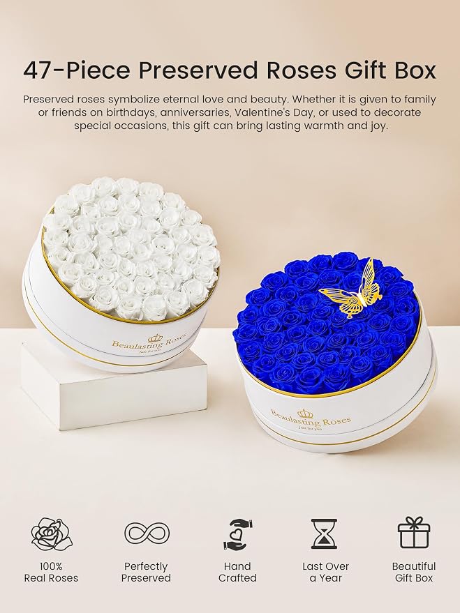 47 Preserved Roses Forever Flowers Real Roses in a Box Mother's Day Birthday Flowers for Her Mom Women Wife Valentine's Day, White Roses