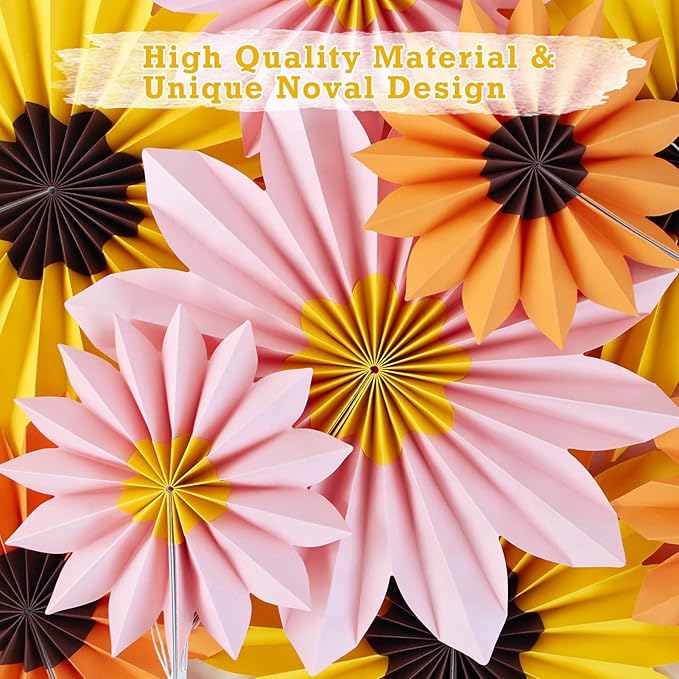 PAPER JAZZ Sunflower Party Decorations: 9 Sunflower Paper Fans & Flower Garlands, Summer Orange Pink Sunflowers, Wedding & Baby Shower Decor