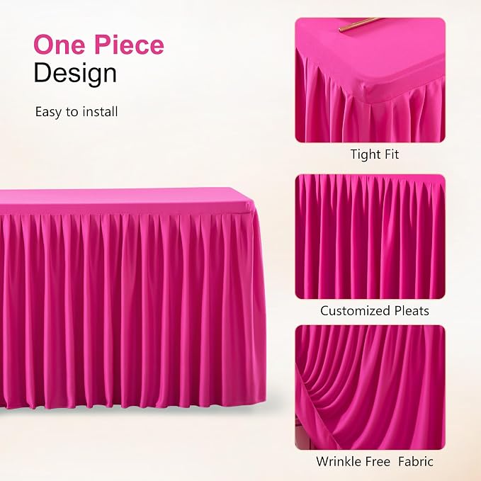Wish Care 2 Pack Hot Pink Rectangle Table Clothes for 8 Foot Tables, Polyester Fitted Tablecloths 8ft Stretch Table Cover for Wedding, Birthday, Parties, Trade Show, Craft Show