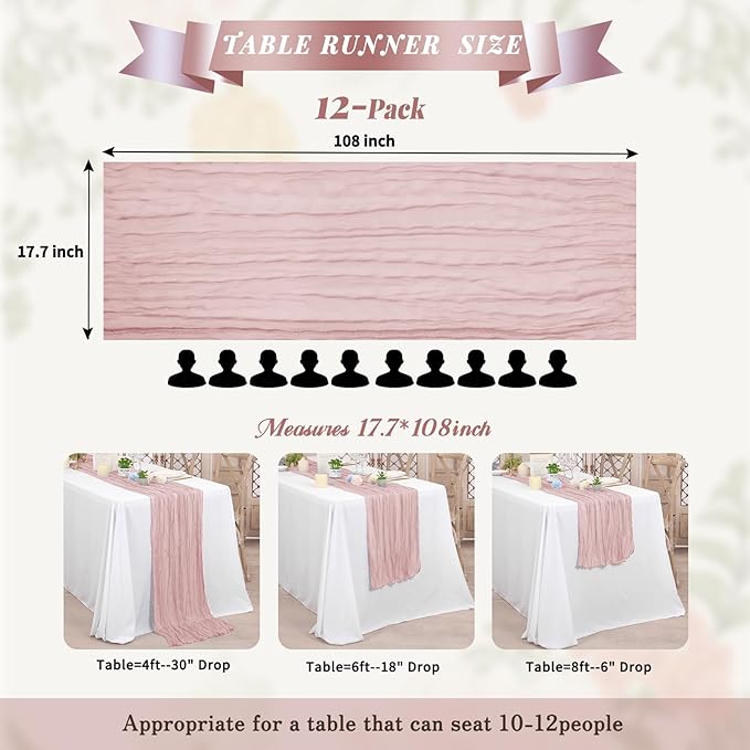 12 Pack Cheesecloth Table Runner,Dusty Pink Table Runner Long Romantic Semi Sheer Rustic Boho Gauze Table Runners for Wedding Bridal Shower Birthday Party Decorations(17.7×108 Inch)