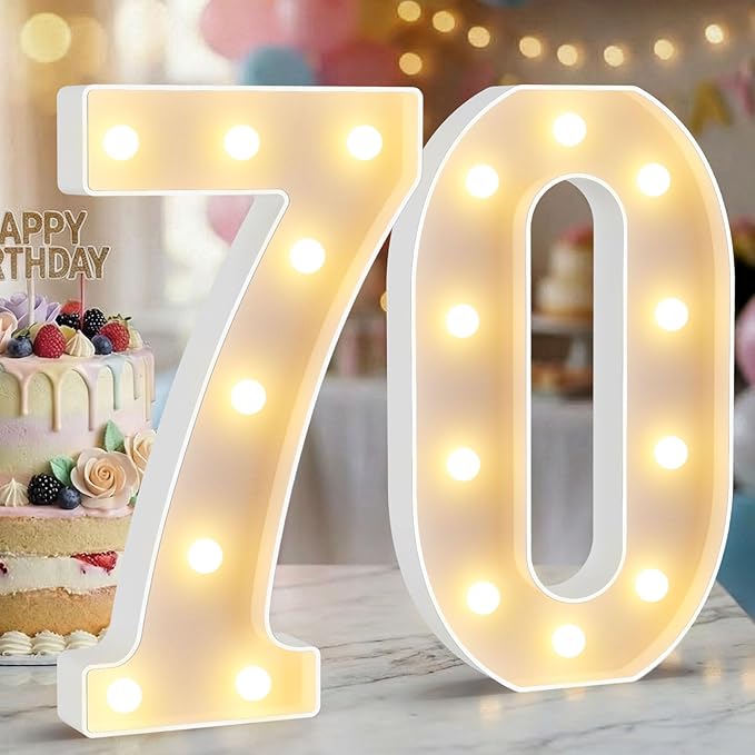 12.6 Inch LED Marquee Light Up Numbers 70, 70th Birthday Number Lights as Gifts for Women Men, Lighted Marquee Numbers for Anniversary Party Night Light Table Decorations