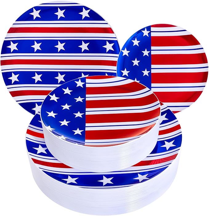 FLOWERCAT 60PCS 4th of July Plates & Red White Blue Plates for Independence Day - Patriotic Plastic Plates Include 30PCS 10.25inch Dinner Plates and 30PCS 7.5inch Dessert Plates
