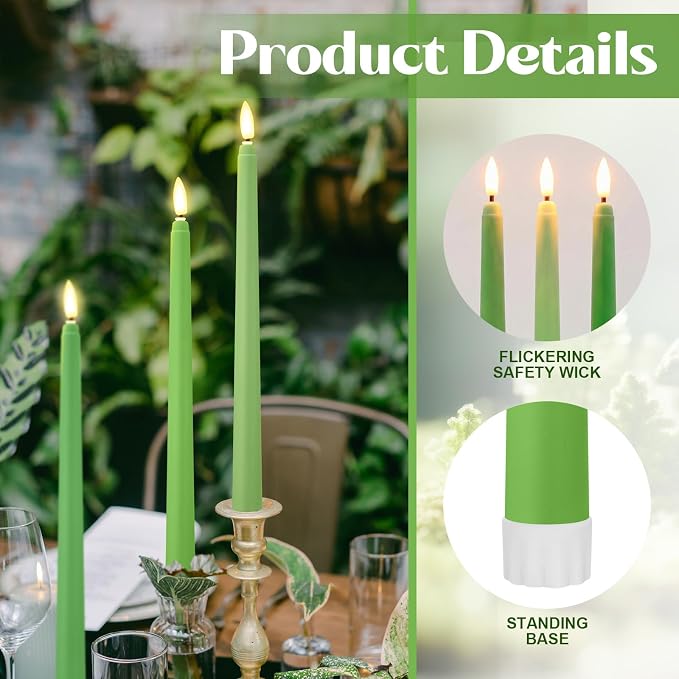 Macarrie 24 Packs Flameless Taper Candles Battery Operated Fake 11 Inch Long Candlelight LED Flameless Candlesticks Flickering Tapered for Summer Fall Wedding(Spring Green)
