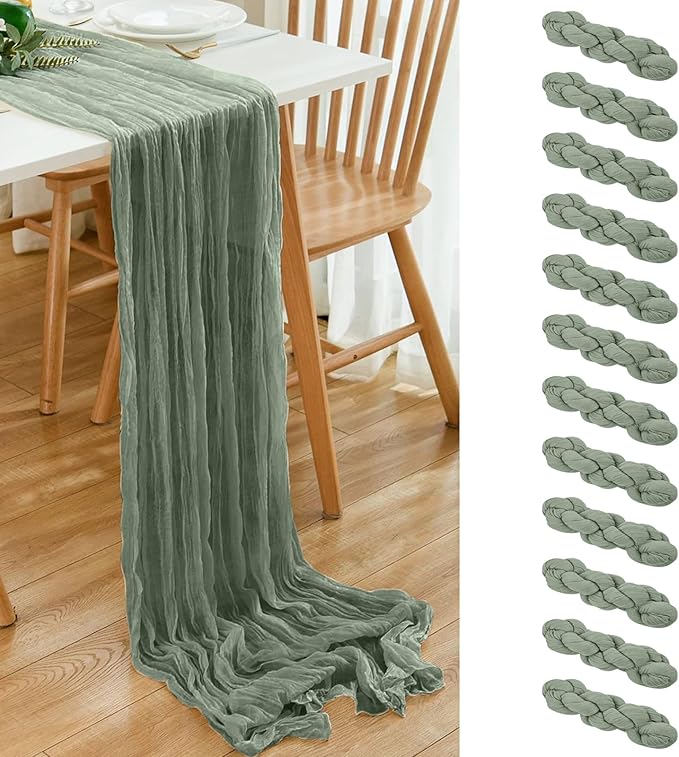 12 Pack Sage Green 10Ft Cheesecloth Table Runner 21x120 Inch Boho Wrinkled Sheer Romantic Gauze Decor for Wedding, Bridal Shower, Birthday Party