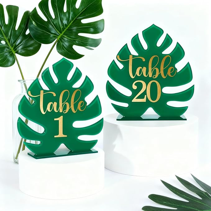 Palm Leaf Theme Wedding Acrylic Table Number 1-20 with 20Pcs Stands, 5"x7" Table Centerpiece Decor for Indoor Outdoor Tropical Safari Jungle Hawaiian Wedding Bridal Shower Anniversary