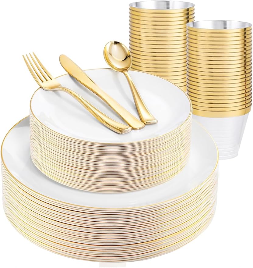 WDF 150Pcs White and Gold Plastic Plates - Gold Plates Disposable - 25 Guest Disposable Dinnerware Include 25 Dinner Plate, 25 Dessert Plate, 25 Cutlery & 25 9oz Cups for Wedding/Spring/Mothers Day