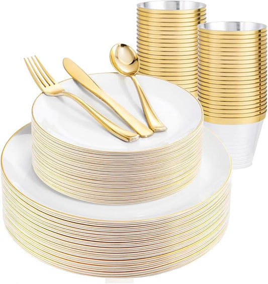 WDF 150Pcs White and Gold Plastic Plates - Gold Plates Disposable - 25 Guest Disposable Dinnerware Include 25 Dinner Plate, 25 Dessert Plate, 25 Cutlery & 25 9oz Cups for Wedding/Spring/Mothers Day
