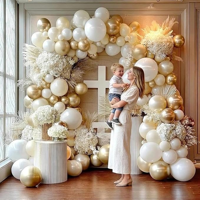 White Gold Balloon Arch Double Stuffed Pearl White Sand Cream Gold Chrome Balloon Garland Kit for Baptism Birthday Baby Shower Wedding Graduation Party Decorations