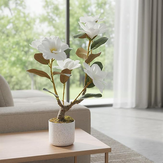 Garvee Artificial Magnolia Tree for Home Living Room Decor, Artificial Realistic Flowers with White Blooming, Fake Plant in Pot