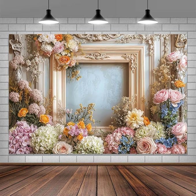 15X10ft Retro Wall Wedding Backdrops Frame Style Colorful Flowers Wall Background Medieval Building Photo Background for Mothers Day Bridal Baby Shower Birthday Girls Women Decoration Backdrop
