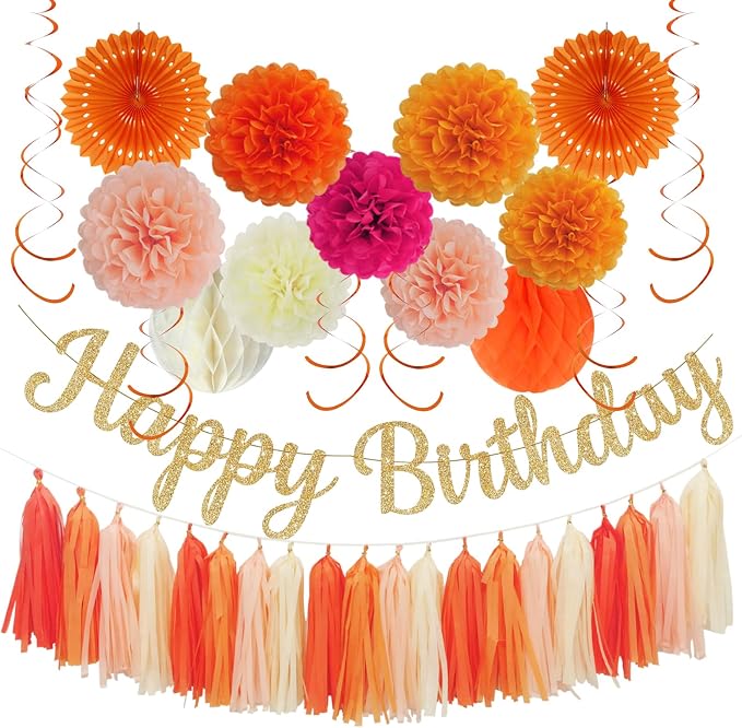 Envibe Orange Birthday Decorations, Tissue Paper Pom Poms with Happy Birthday Banner, Boho Tissue Fans Streamers Paper Lantern, 38 Pcs Fall Party Decoration.