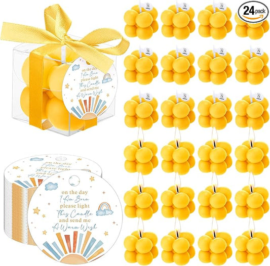 MTLEE 24 Sets Here Comes the Son Baby Shower Favors Small Bubble Candle for Guests Tea Candles Bulk with Stylish Ribbons Cards Gifts Party Decoration(Yellow, Sun)
