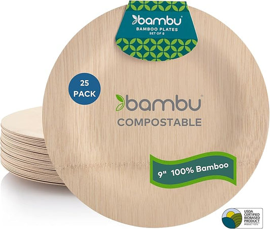 Bambu Pack of 25 - 9 Inch Disposable Bamboo Plates Round, Biodegradable, Bamboo Disposable Plates for Events, Compostable Plates