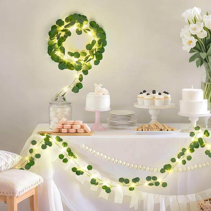 JMEXSUSS 33 FT 100 LED Eucalyptus Vine Fairy Lights, Vines with Lights Battery Operated with Remote, Eucalyptus Leaf Light Garland Indoor Outdoor for Bedroom Wall Classroom Party Decor(Warm White)