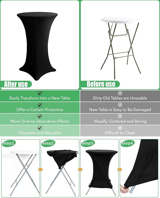 KeyWave Cocktail High Top Table Covers - 28x43 Inch Fitted Spandex Round Cocktail Tablecloth for Bar Height Standing Table Cloths Reusable, for Party Bistro Wedding Event Decorations, Black, 8 Pack