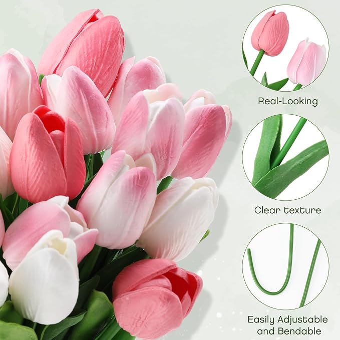 12 Pack 3 Colors 5 ft Artificial Tulips Hanging Flower Garland Decorations Spring Summer Dangling Faux Tulip Floral Vine Strings with Hooks for Wall Ceiling Wedding Tea Party